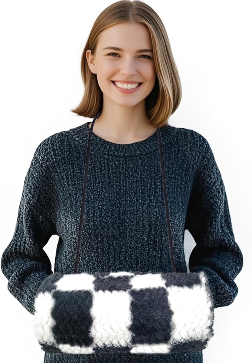 Handmuff van nepbont met riem en zakontwerp - Handwarmer voor vrouwen in zwart-wit ruit, ideaal voor koude dagen, comfortabele en stijlvolle winteraccessoire