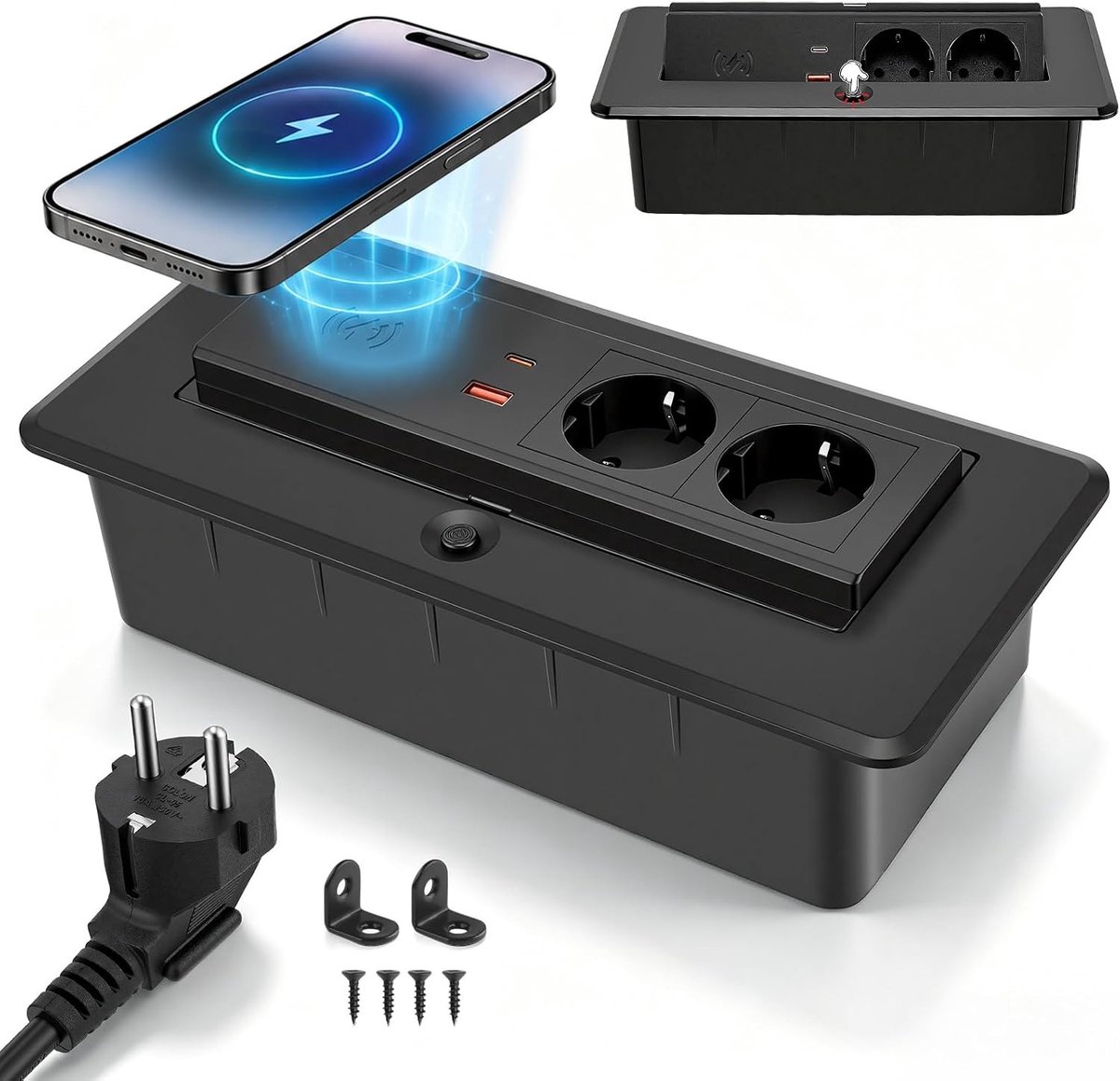Retractable power strip met USB-C PD 20W en USB-A, aluminium inbouwstopcontact, 1.7 m kabel, ideaal voor werkplekken en bureaus