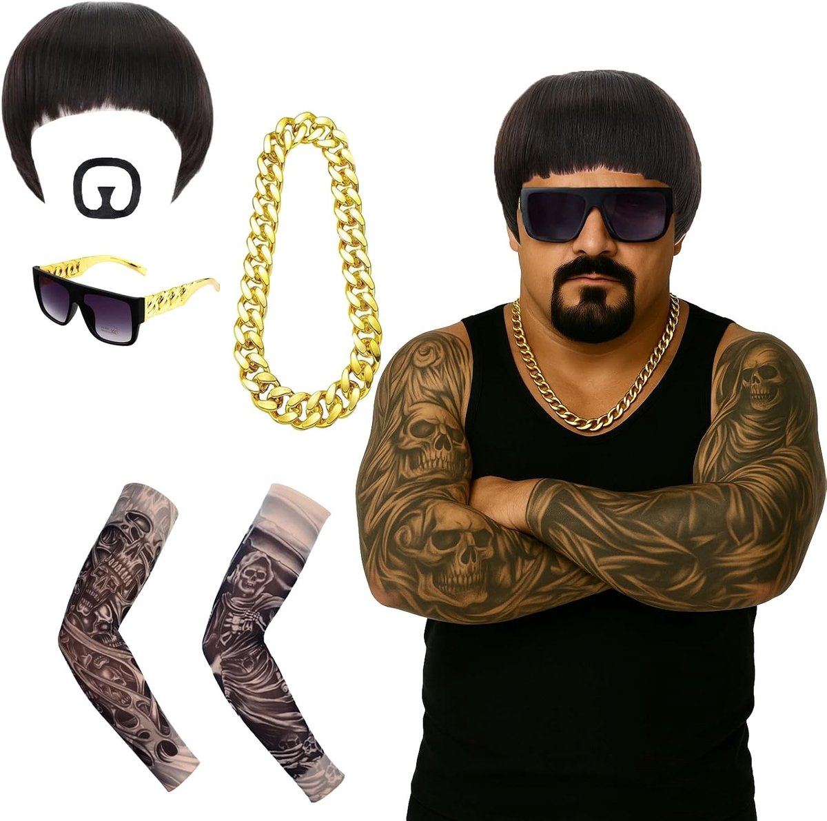 Meme Kostuum Set voor Final Boss, met Shell Cut Lace Zonnebril, Gouden Ketting en Tattoo Mouwen voor 90s Cosplay en Halloween Feestjes
