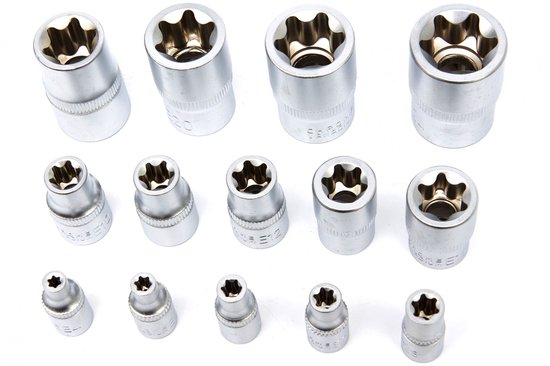 Zilverkleurige inwendige torx doppen van verschillende maten op een witte achtergrond.