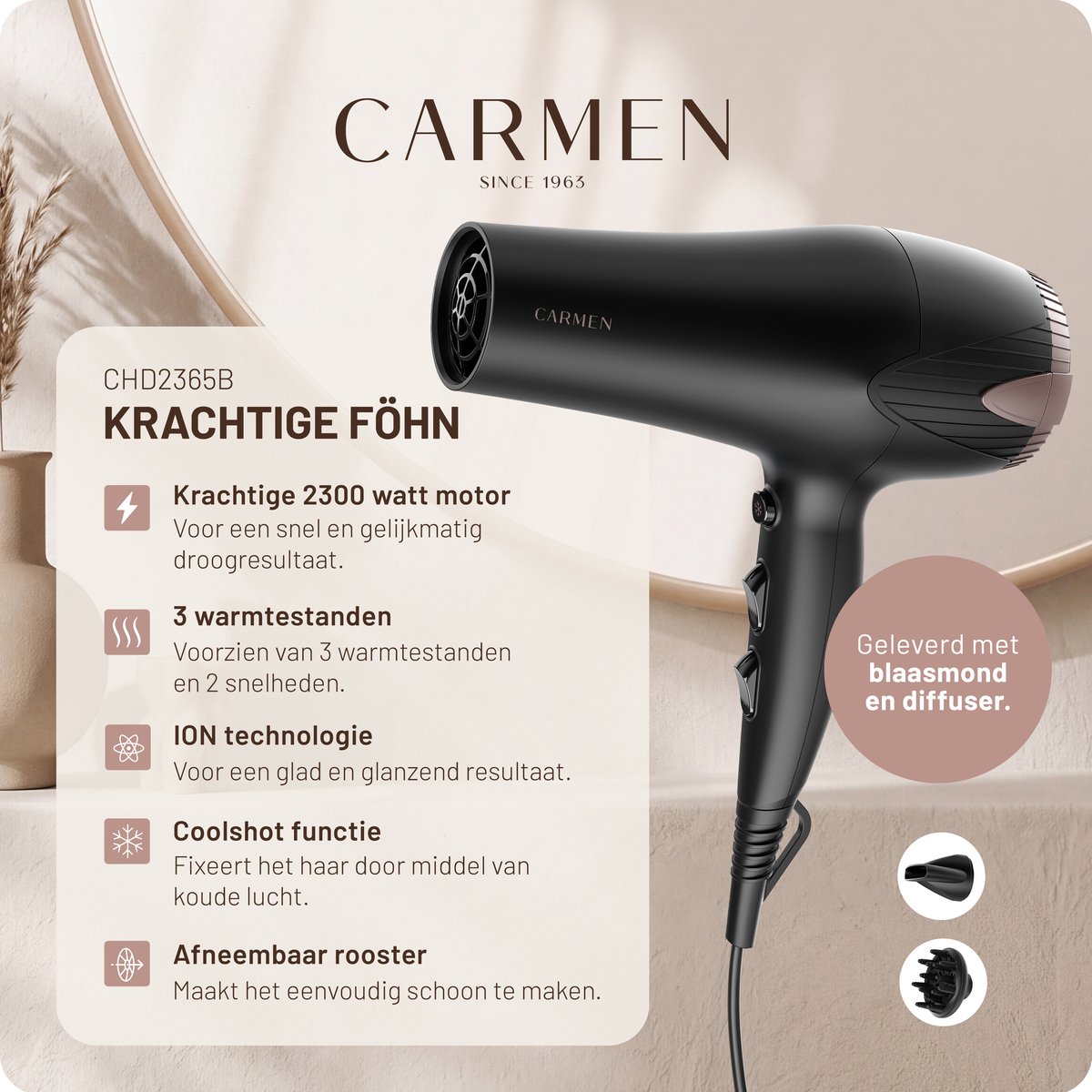 Carmen CHD2365B Haardroger met ION Technologie - afbeelding 2