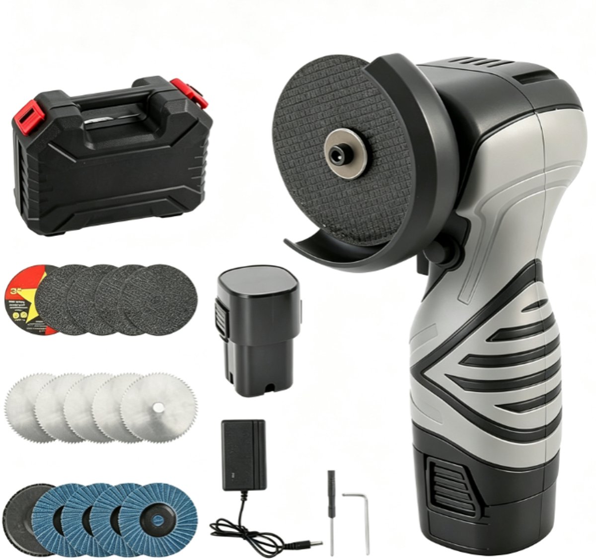 Deze 16,8V draadloze mini-haakse slijper wordt geleverd met twee 2000mAh-accu's, werkt met een toerental van 16.000 RPM en kan worden gebruikt voor snijden, polijsten en slijpen. Een doorslijpschijf, slijpschijf en draagtas worden meegeleverd.