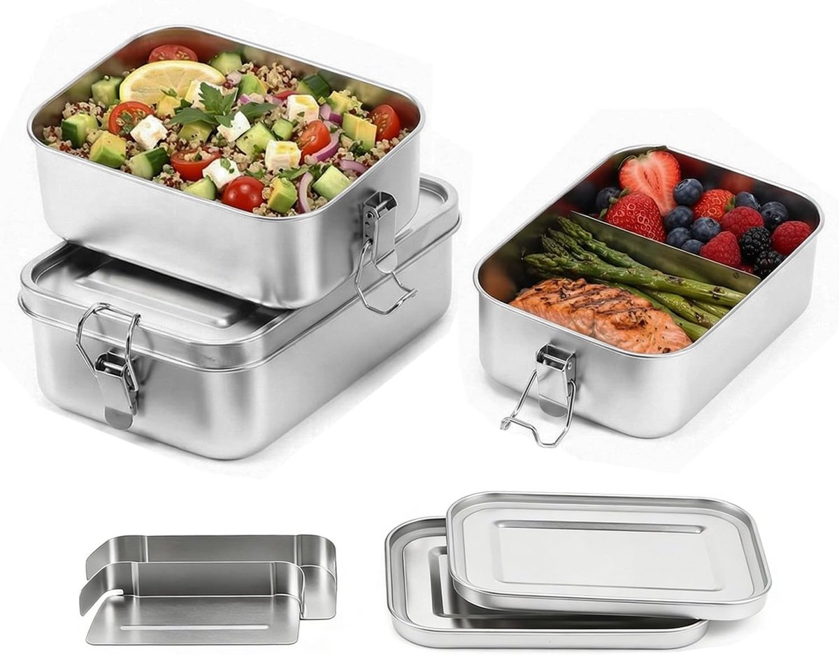 Bento Box Set - Roestvrij Staal - 3-delig - Lekvrije Lunchbox - Voor Kinderen en Volwassenen
