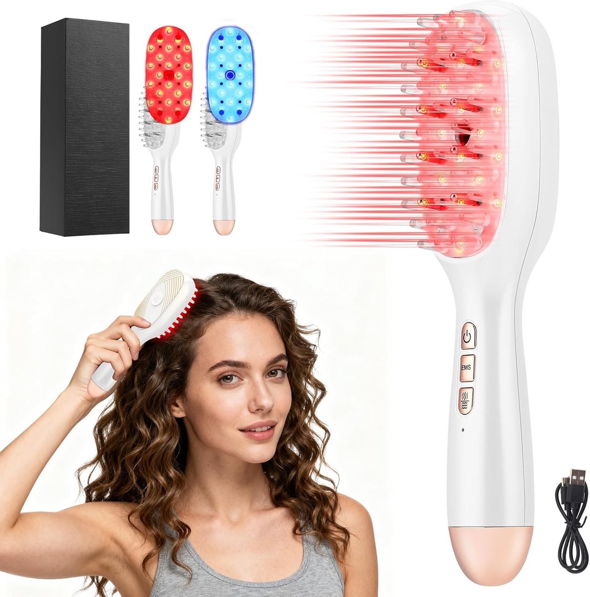 Microcurrent Haarborstel met Rood en Blauw Licht, Nano Verdamping en Hoofdmassage voor Haargroei, 7000/min Vibratie voor Scalp Verzorging en Tegen Haaruitval