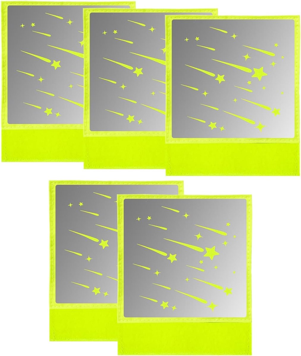 Set van 5 Reflectoren voor Fietsveiligheid met Neon Geel Sterrenontwerp, Reflecterende Patches voor Fietsen, Kinderwagens en Trailers