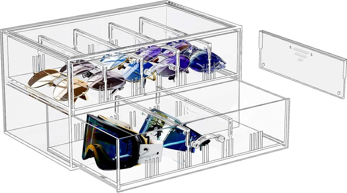 Transparante brillenkoker met lades, acryl organizer voor zonnebrillen, opbergruimte met verwijderbaar compartiment voor meerdere brillen en accessoires