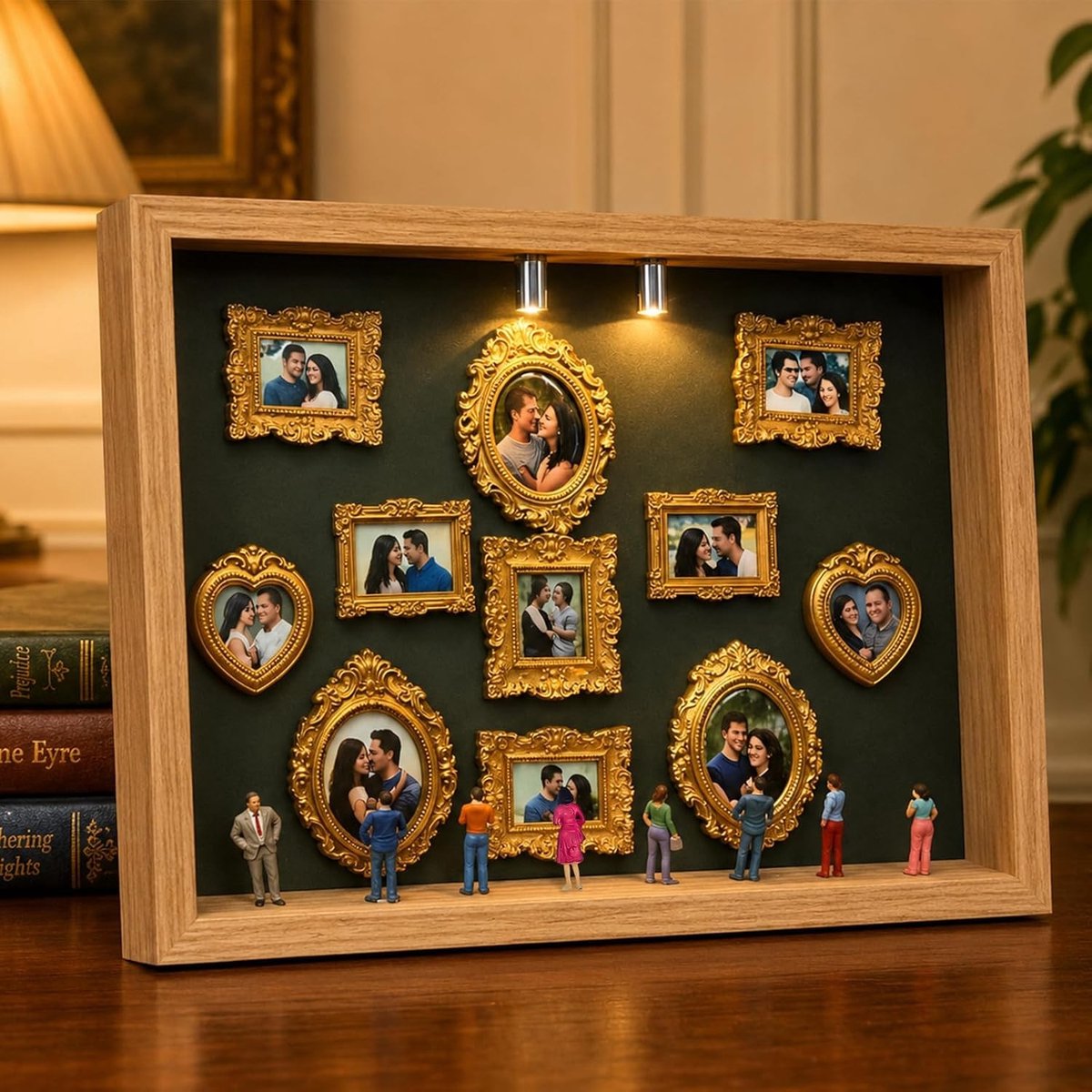 Mini Museum Silhouette Box met 11 Gouden Museumframes, Opslagdoos voor Miniatuurfiguren, Perfect voor Valentijnsdag, Trouwen en Jubilea