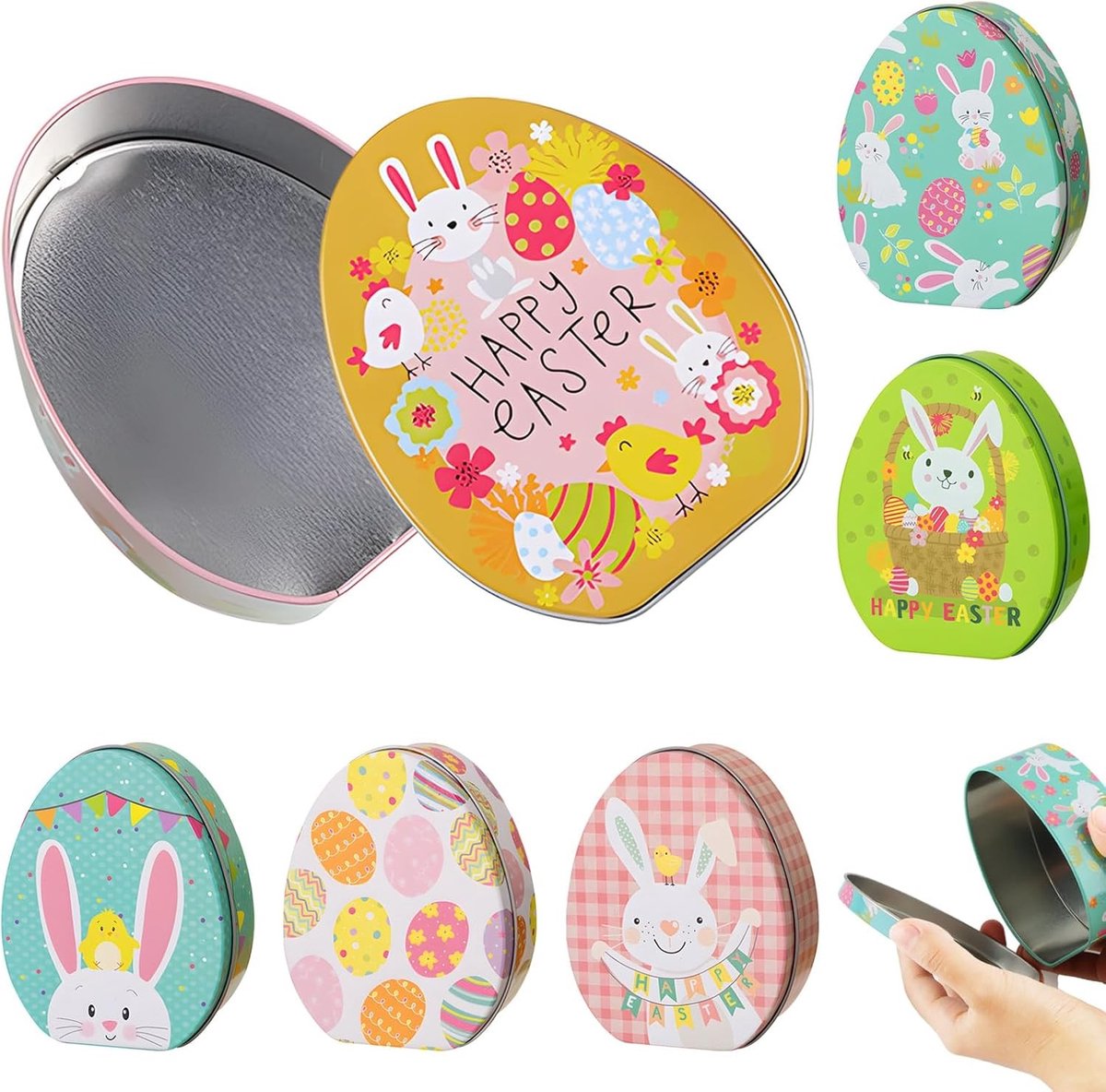Lente Decoratie: Set van 6 Lente Koekjesblikken met Deksel voor Paasfeest en Cadeaus, Metalen Blikken voor Paaseieren en Taart