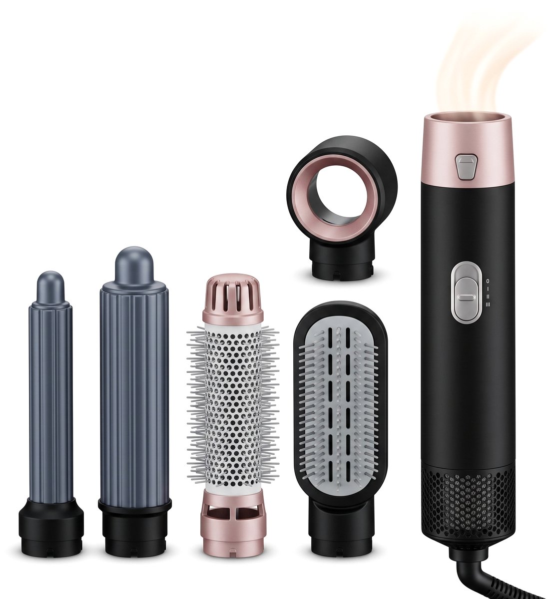 Cheqo® Airstyler Krultang 5 in 1 - Multistyler met Föhnborstel - Hairwrap - Haardroger - Krulborstel - Stijlborstel - Heteluchtborstel - Volumeborstel - Haarstyler - Hairstyler met 5 Opzetstukken - Föhn voor Kort en Lang Haar - Rosegoud