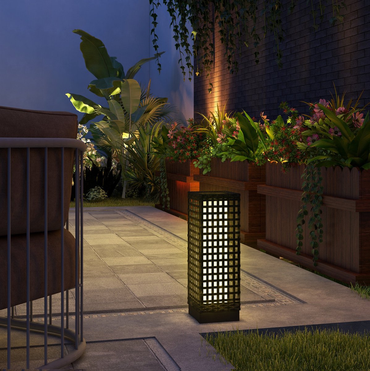 MODFU - Sokkellamp Op Zonne-Energie Met Lichtsensor - Rattanlook - Zwart - 15,5 X 15,5 X 46 Cm