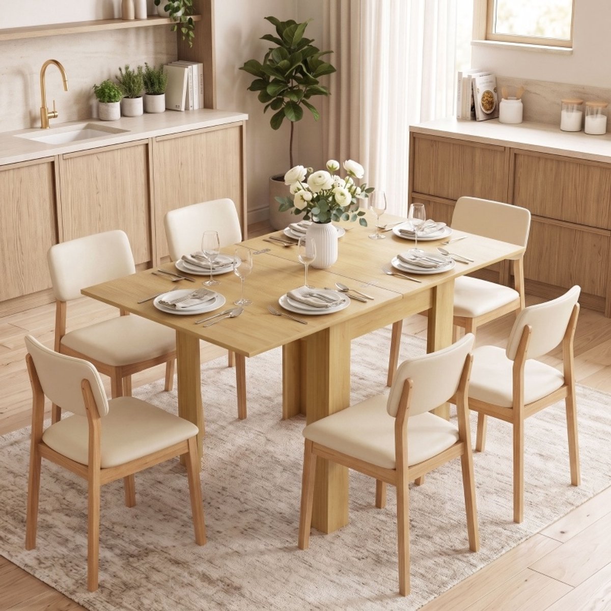 REDOM - Uitschuifbare eettafel - Opklapbaar - 70 tot 140 cm - Voor 4 tot 6 personen - Moderne stijl - Keuken en eetkamer - Spaanplaat - Natuurlijke houtkleur - 140 x 80 x 77,5 cm