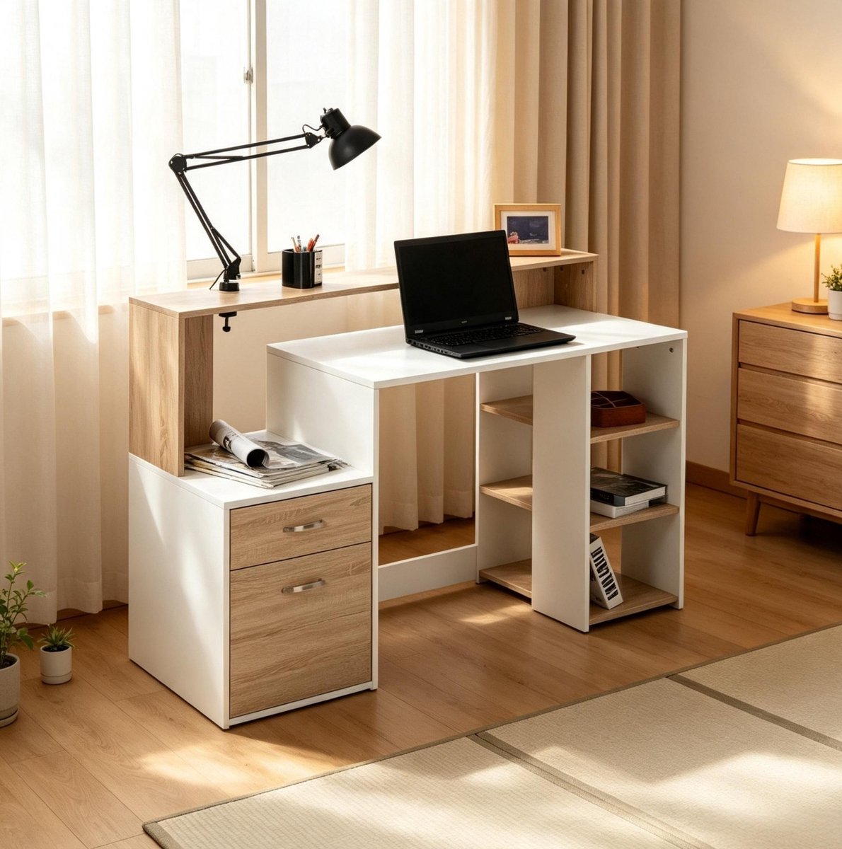REDOM - Bureau - Met 2 laden - 3 open zijvakken en bovenplank - Printerplank - MDF en aluminium - Eiken en wit - 137 x 55 x 92 cm