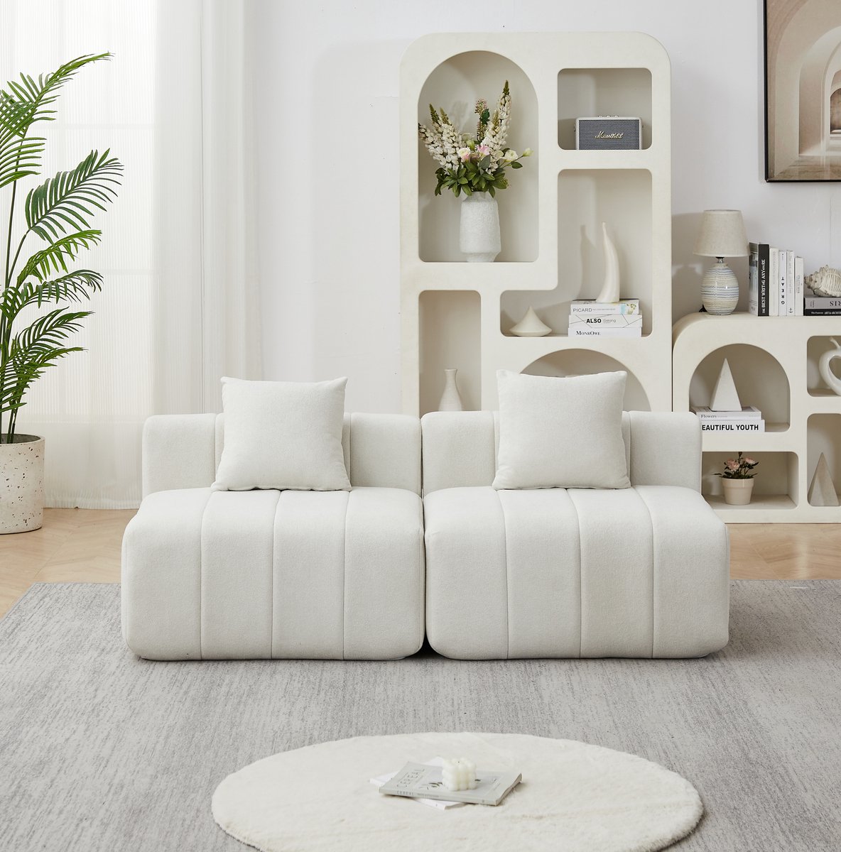 REDOM - Modulaire 2-zits bank - Chenille bekleding - 2 vierkante modules - Inclusief 2 kussens - Design - Woonkamer - Schuim en veren - Beige - 165 x 60,9 x 73,6 cm