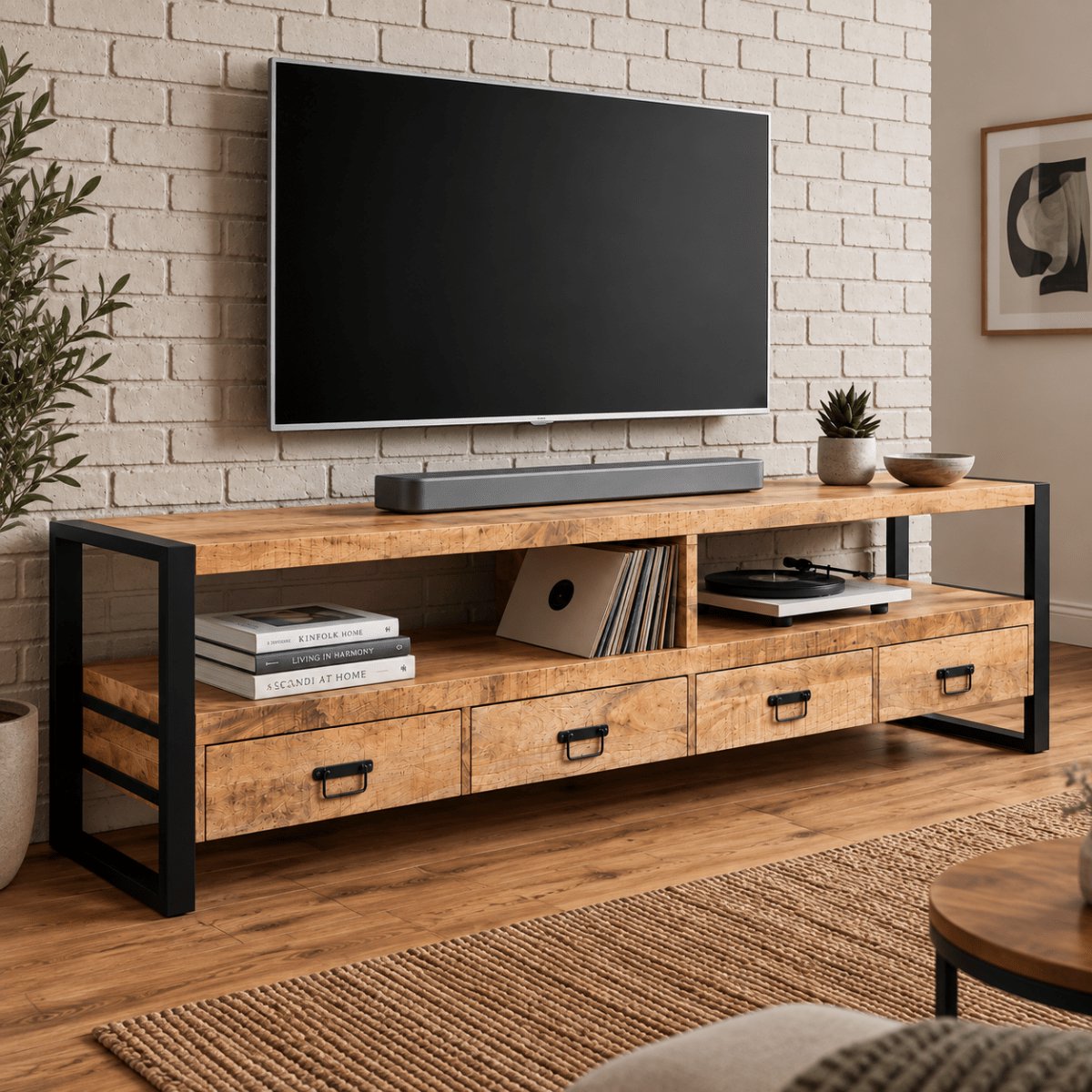 Mangohouten TV Meubel Britt 220 cm Mahom Industrieel - TV Meubel van Mangohout & Metaal - Industriële TV Meubel