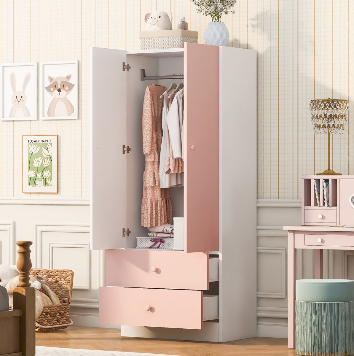 REDOM - Kledingkast - Hanggedeelte - 2 lades - Openslaande deuren - Design - Slaapkamer - MDF en multiplex - Roze en wit - 70 x 40 x 170 cm