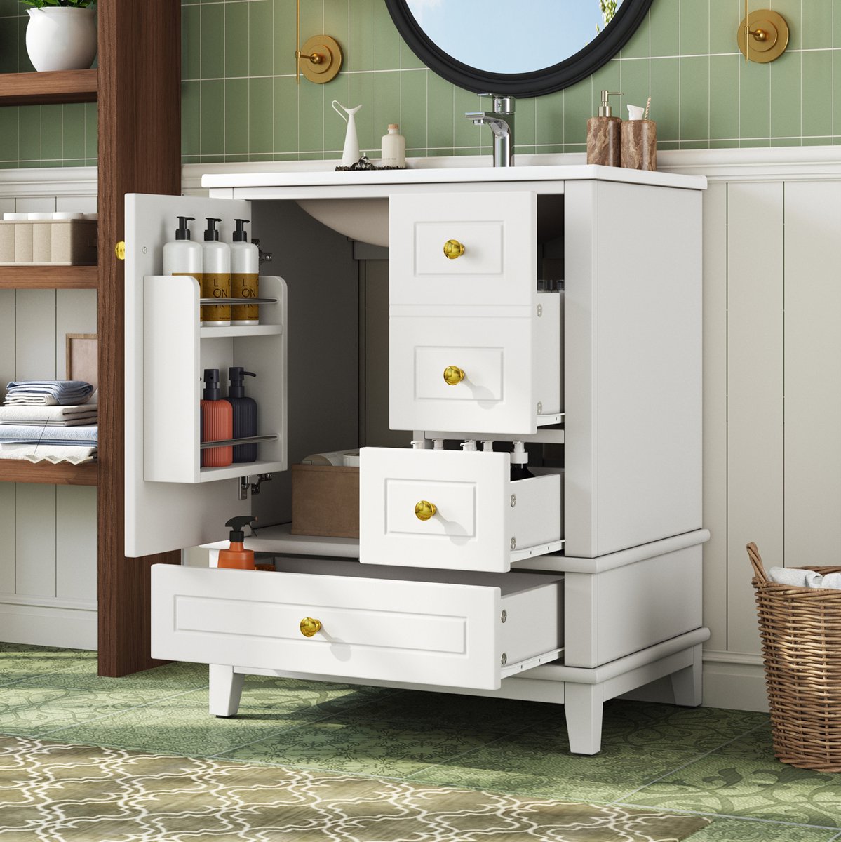 DESMIU Badkamerkast - Hoogglans Wastafelonderkast Met Keramische Wastafel - 3 Lades En 1 Deur - MDF - 61x47x86 Cm - Wit