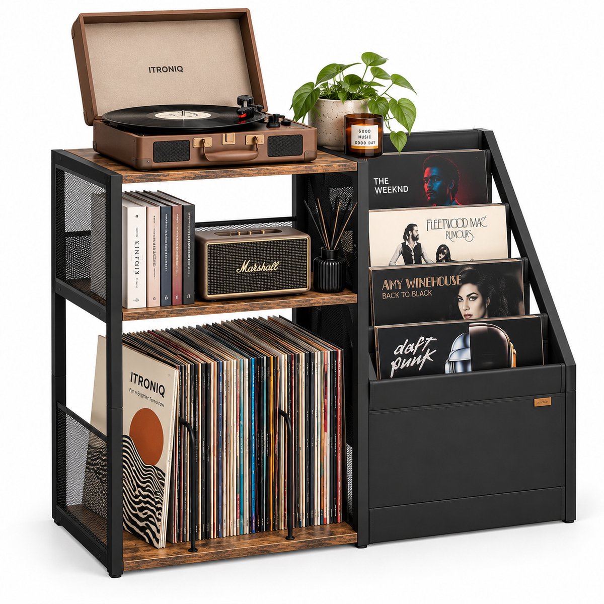 ITRONIQ Platenspeler Meubel 81 x 30 x 69 cm - Platenkast Voor 140 LP's - Vinyl Opbergrek Met 3 Vakken - Industrieel Bruin Zwart