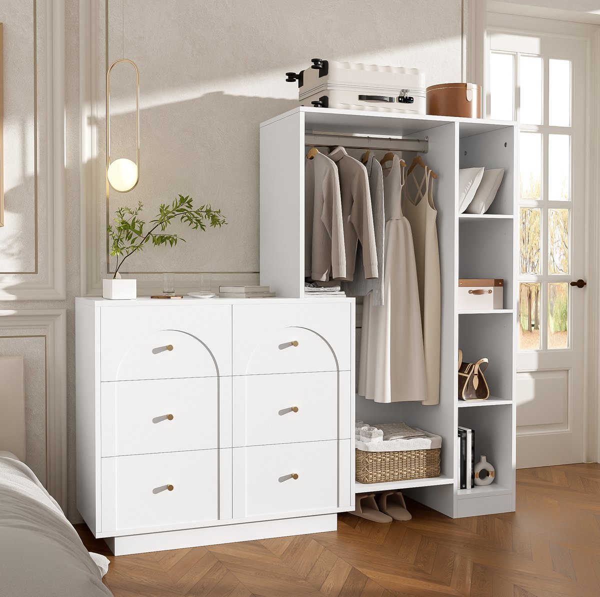 DESMIU Kledingkast - Open Garderobe Met Kledingstang En 6 Lades - Zijplanken Voor Slaapkamer En Appartement - Spaanplaat En Metaal - 139 x 35 x 133 cm - Wit