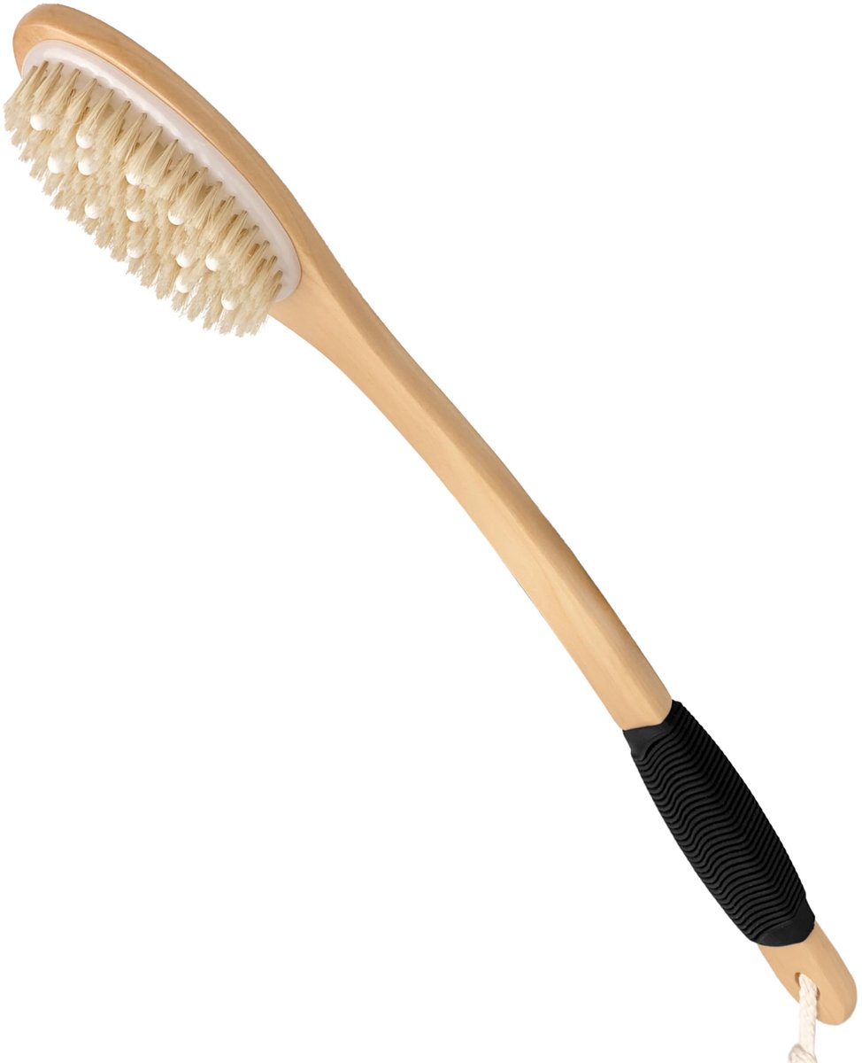 Houten Rugborstel - Met gebogen lange steel en natuurlijke borstels - Voor scrubben en exfoliëren - Nat of droog te gebruiken