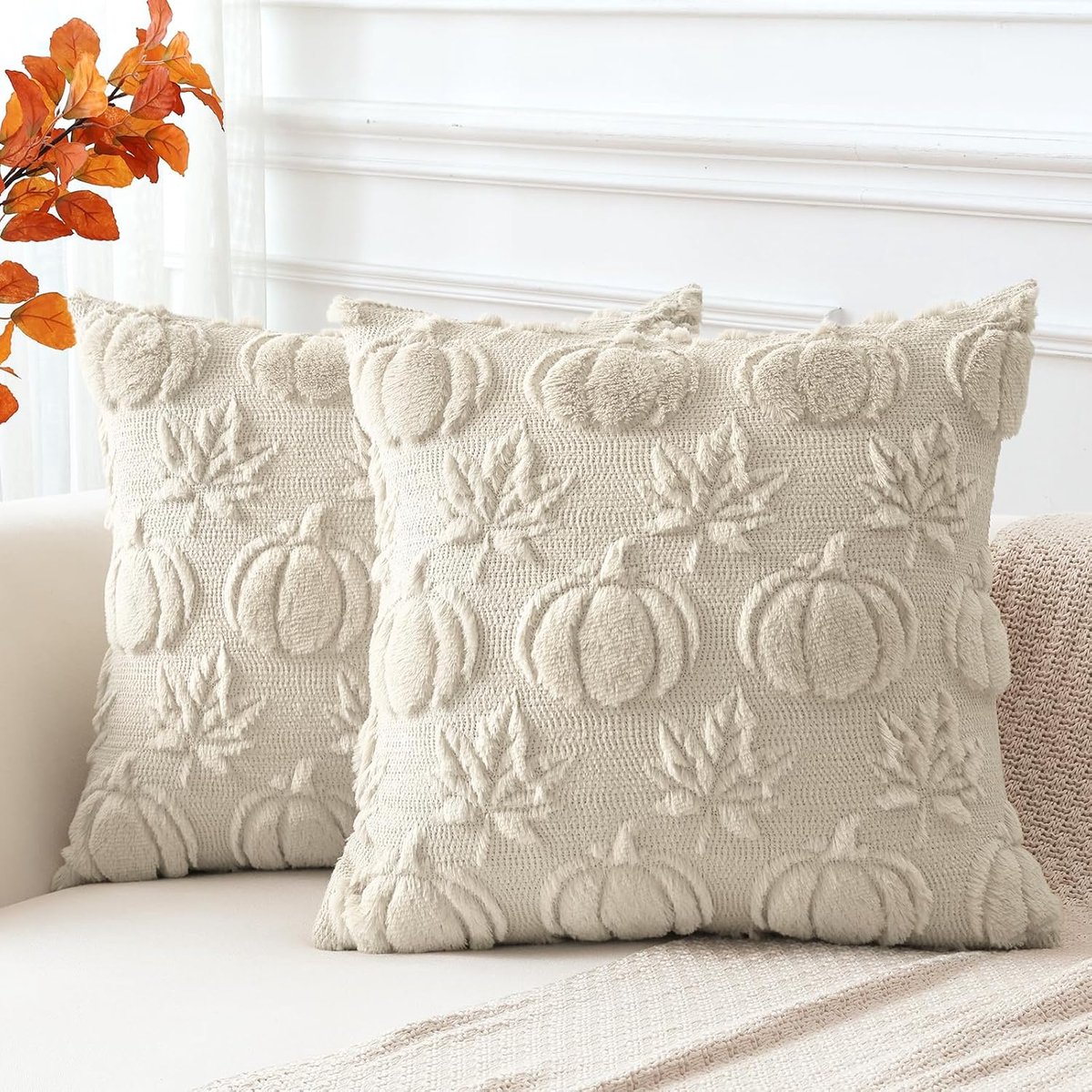 ZVD Decoratieve herfstkussenhoes - 45x45 cm - Motief met pompoenen en esdoornbladeren - Zachte stof - Geschikt voor bank, slaapkamer, landelijk interieur en terras - Beige