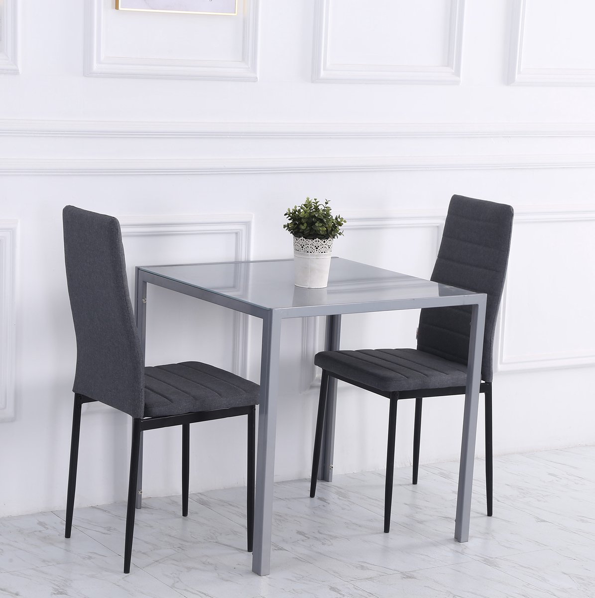 MIVRAY Eettafel - Moderne Vierkante Eettafel Met Hardglazen Blad - Voor Keuken En Eetkamer - Grijs Metaal - 75 x 75 x 75 Cm