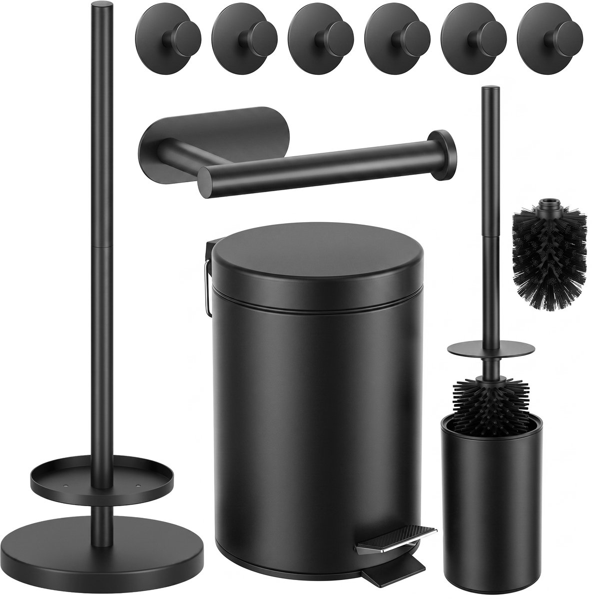 Toiletset Zwart 5-Delig - Zelfklevende Reserverolhouder & Verhoogde Vrijstaande Toiletrolhouder voor 5 Rollen - Toiletborstelhouder, Pedaalemmer en Handdoekhaakjes - Toiletaccessoireset
