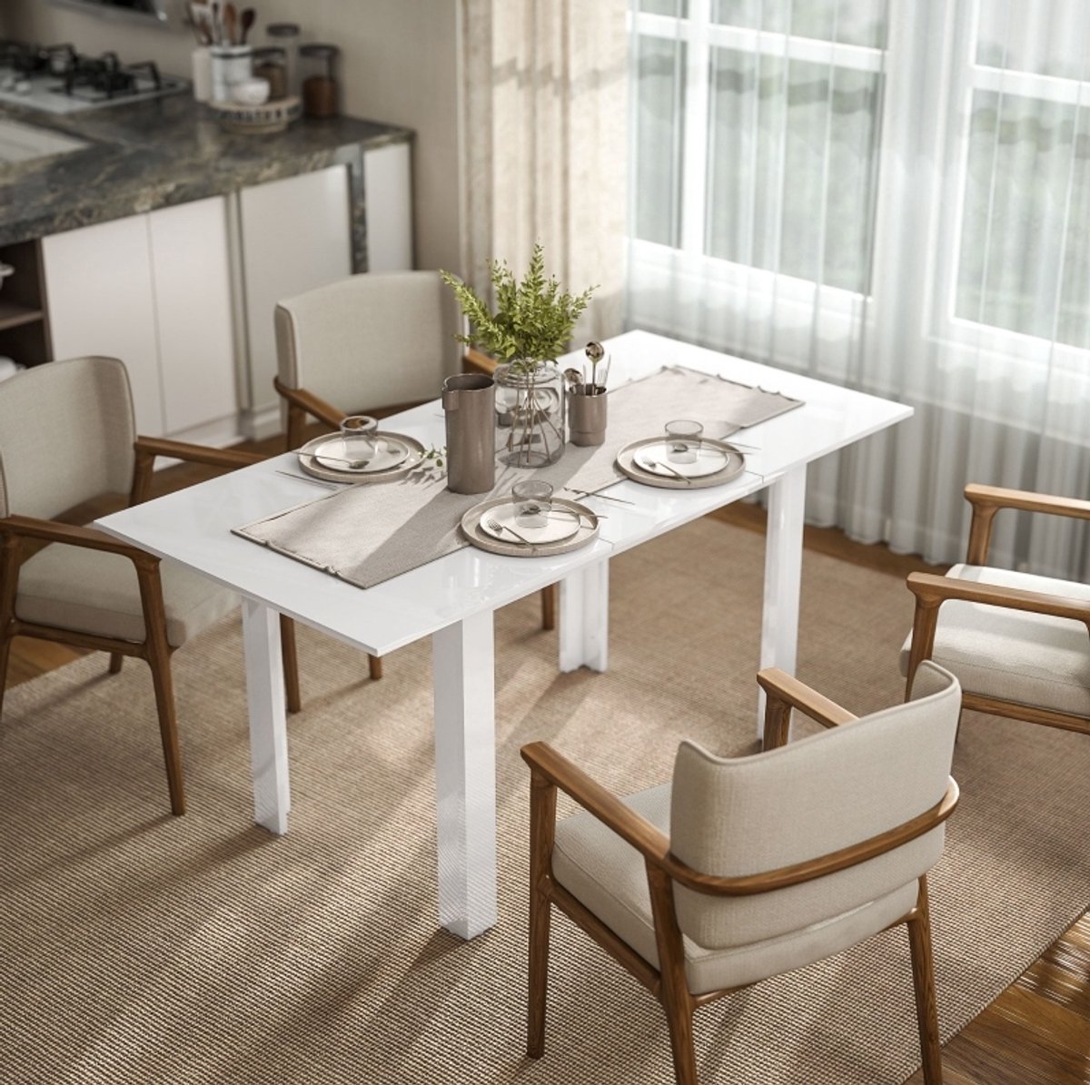 MIVRAY Uitschuifbare Eettafel - Hoogglans Wit MDF Met Vlindermechanisme - Voor 4 Tot 6 Personen - 120 Tot 160 x 80 x 78 Cm
