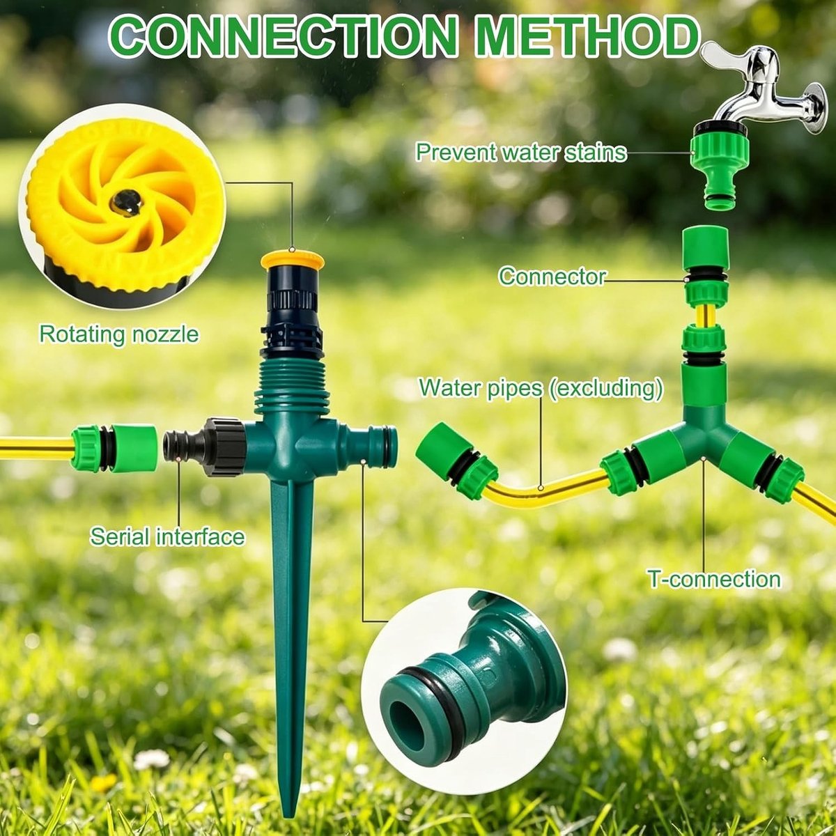 Multifunctionele Tuinsproeier Set van 4 Stuks, 360° Draaibare Sproeier voor Tuin en Gazon, Verstelbare Waterverdeling en Slangaansluiting 1/2 en Y