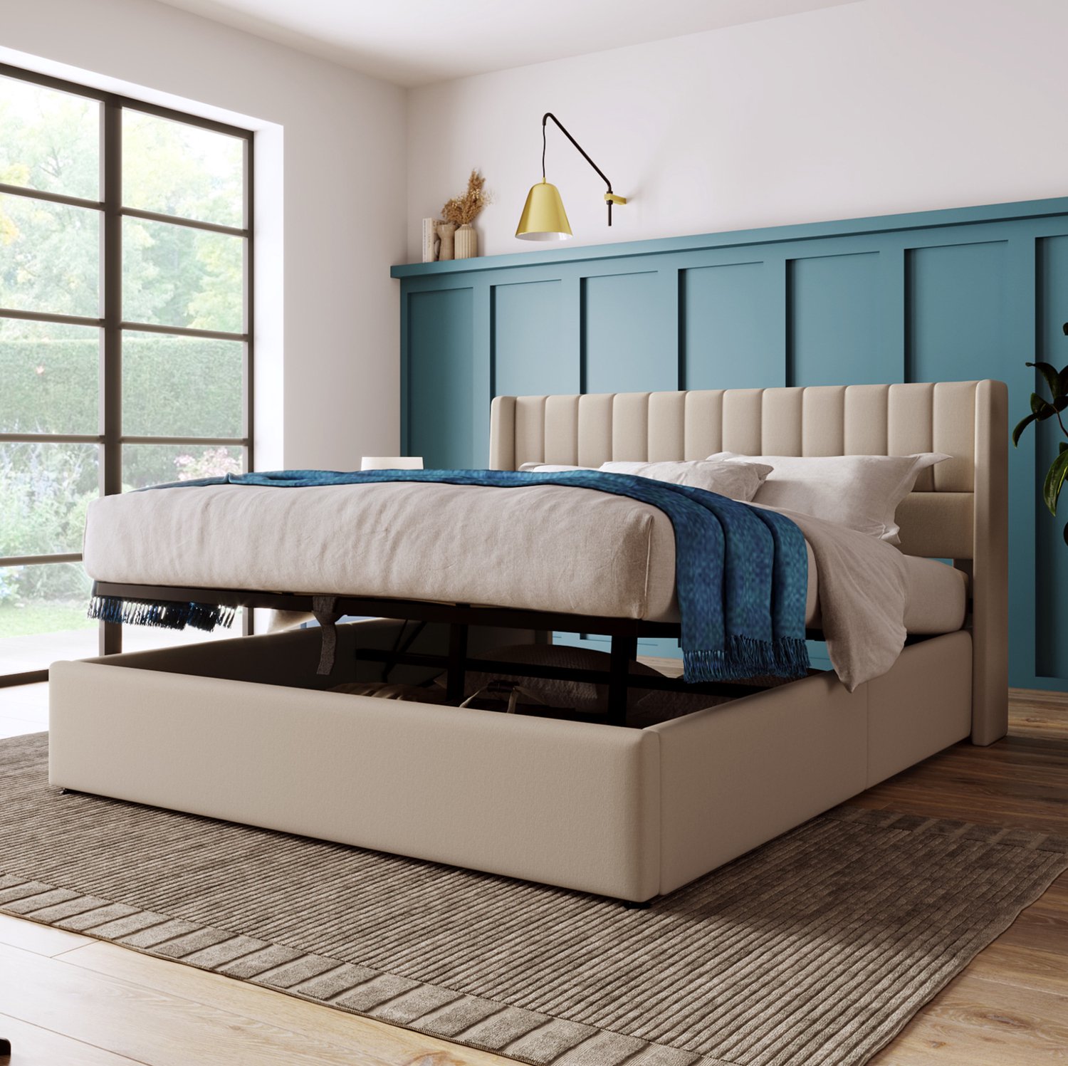 Maisentiel Gestoffeerd tweepersoonsbed met opbergruimte en lattenbodem - 160x200 cm - beige