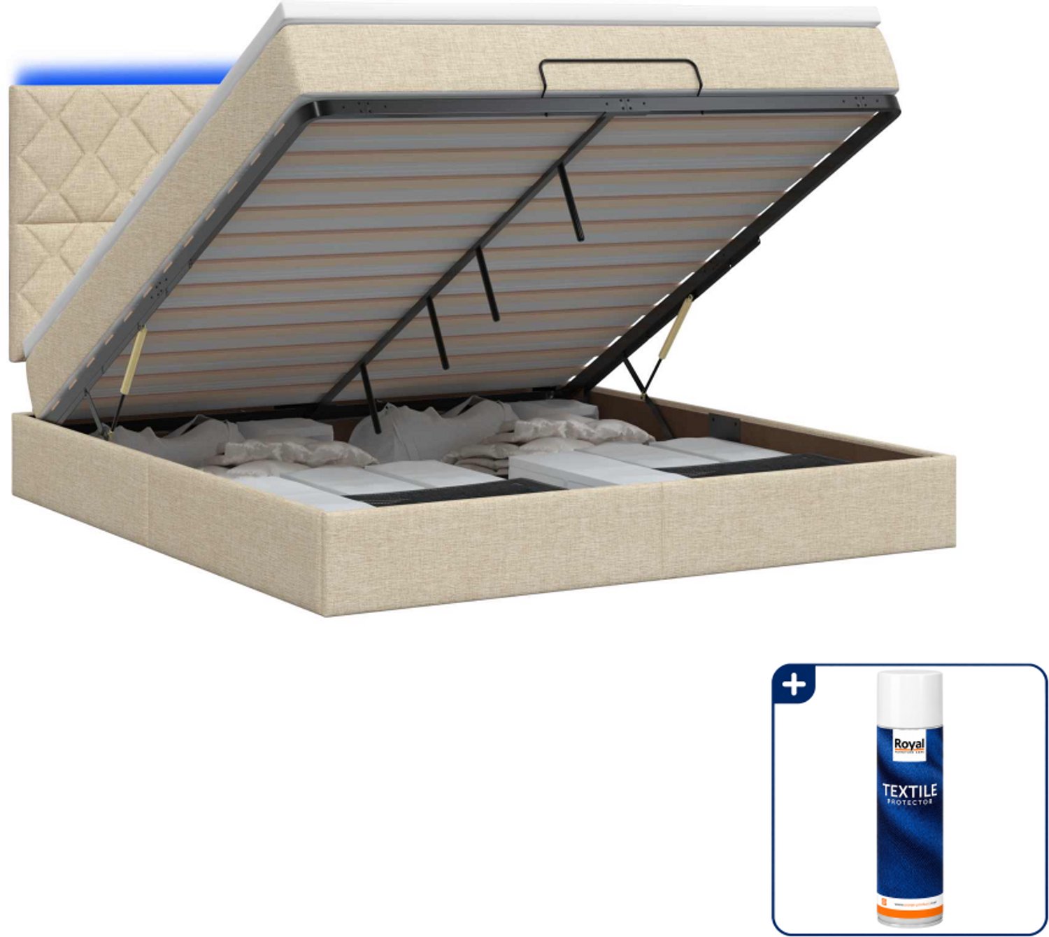 vidaXL Kingsize ottoman bed met matras en LED - 180 x 200 cm - crème - Inclusief textielbeschermer 500 ml