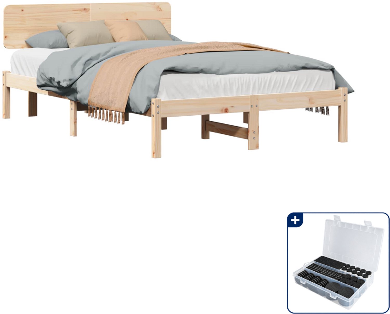 vidaXL bedframe met hoofdeinde - 135 x 190 cm - massief grenenhout - Inclusief antikrasvilt 177-delig Bruin