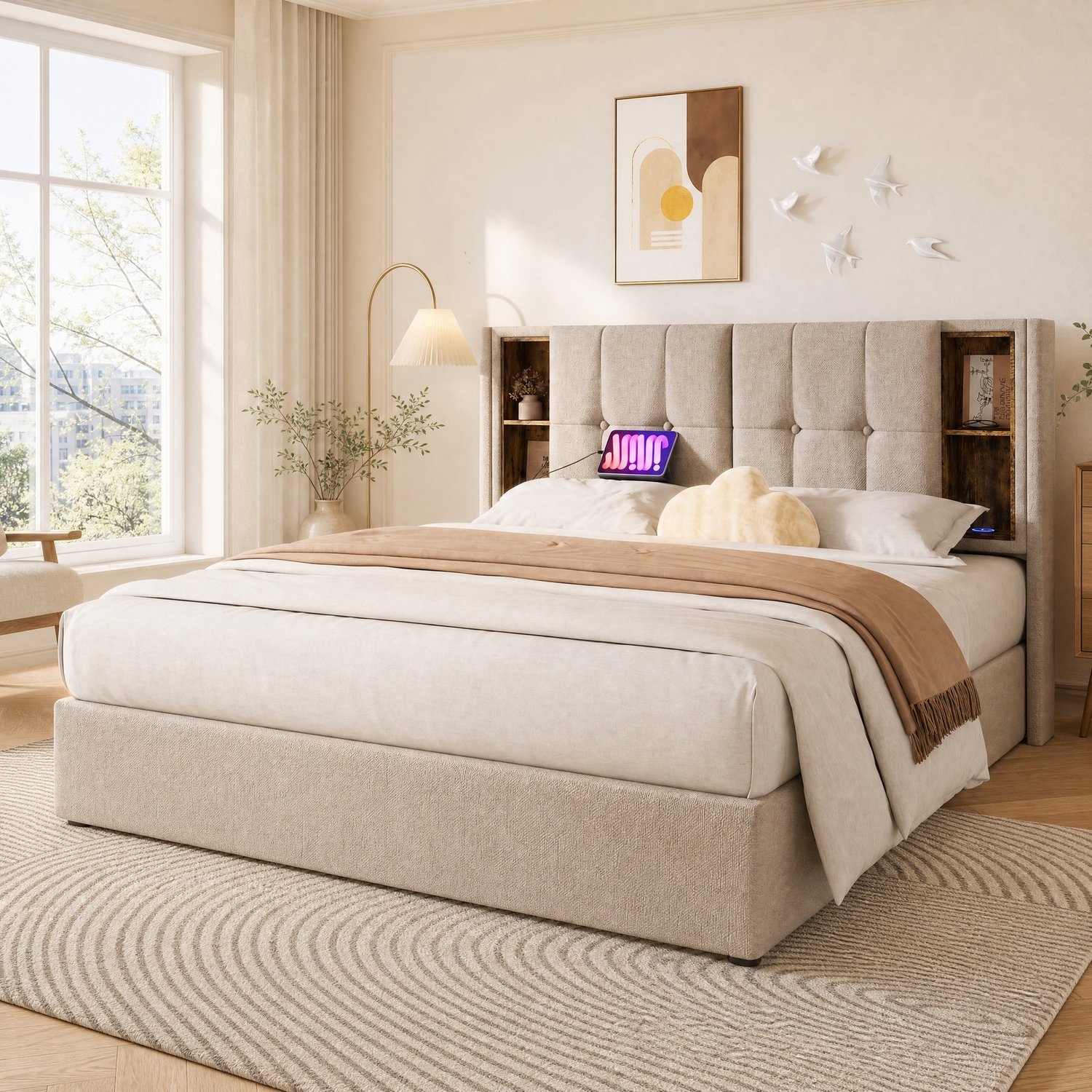 Maisentiel Gestoffeerd bedframe 140 x 200 cm - opbergruimte, draadloos opladen en USB - naturel