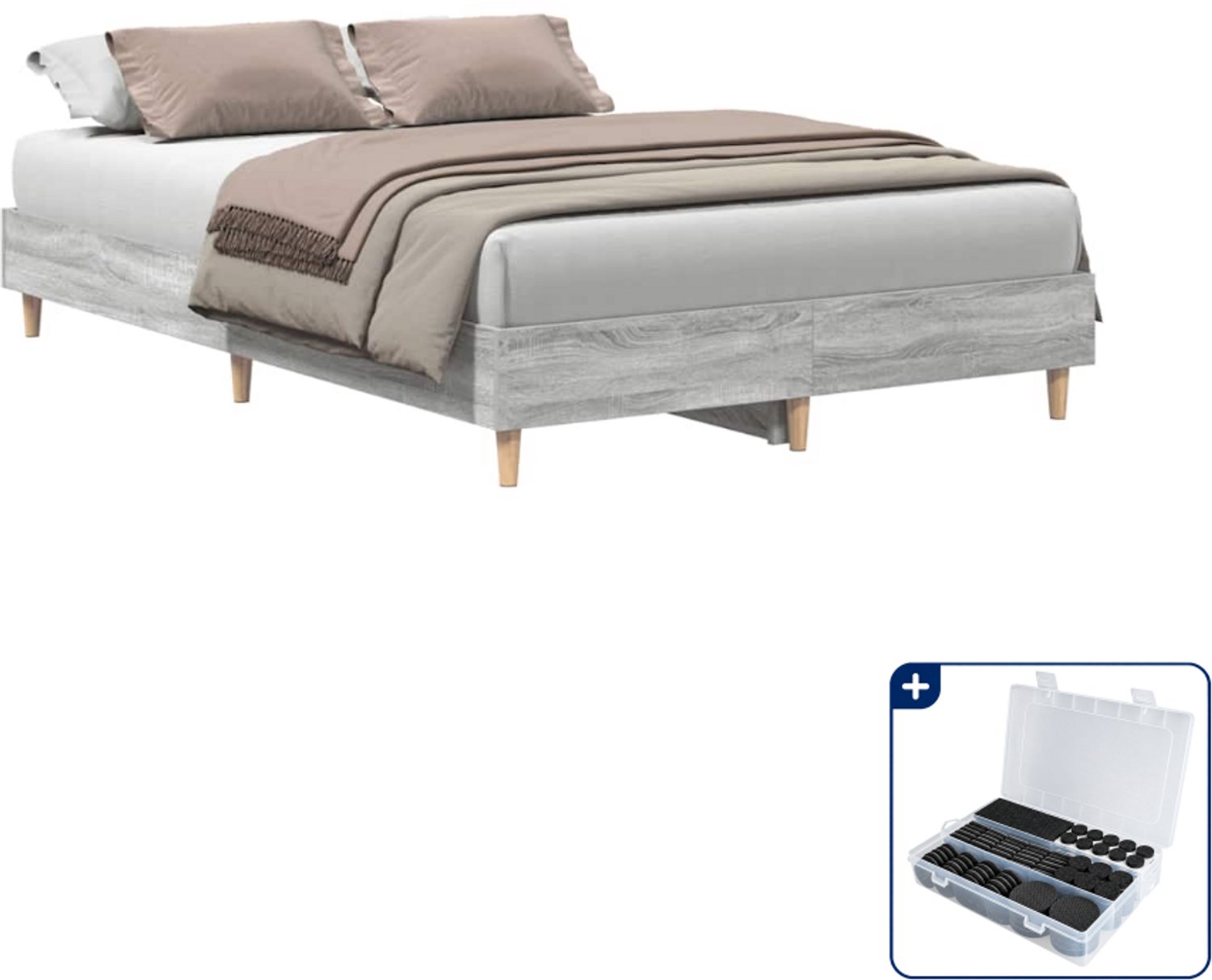 vidaXL bedframe - 140 x 190 cm - bewerkt hout - grijs sonoma - Inclusief antikrasvilt 177-delig