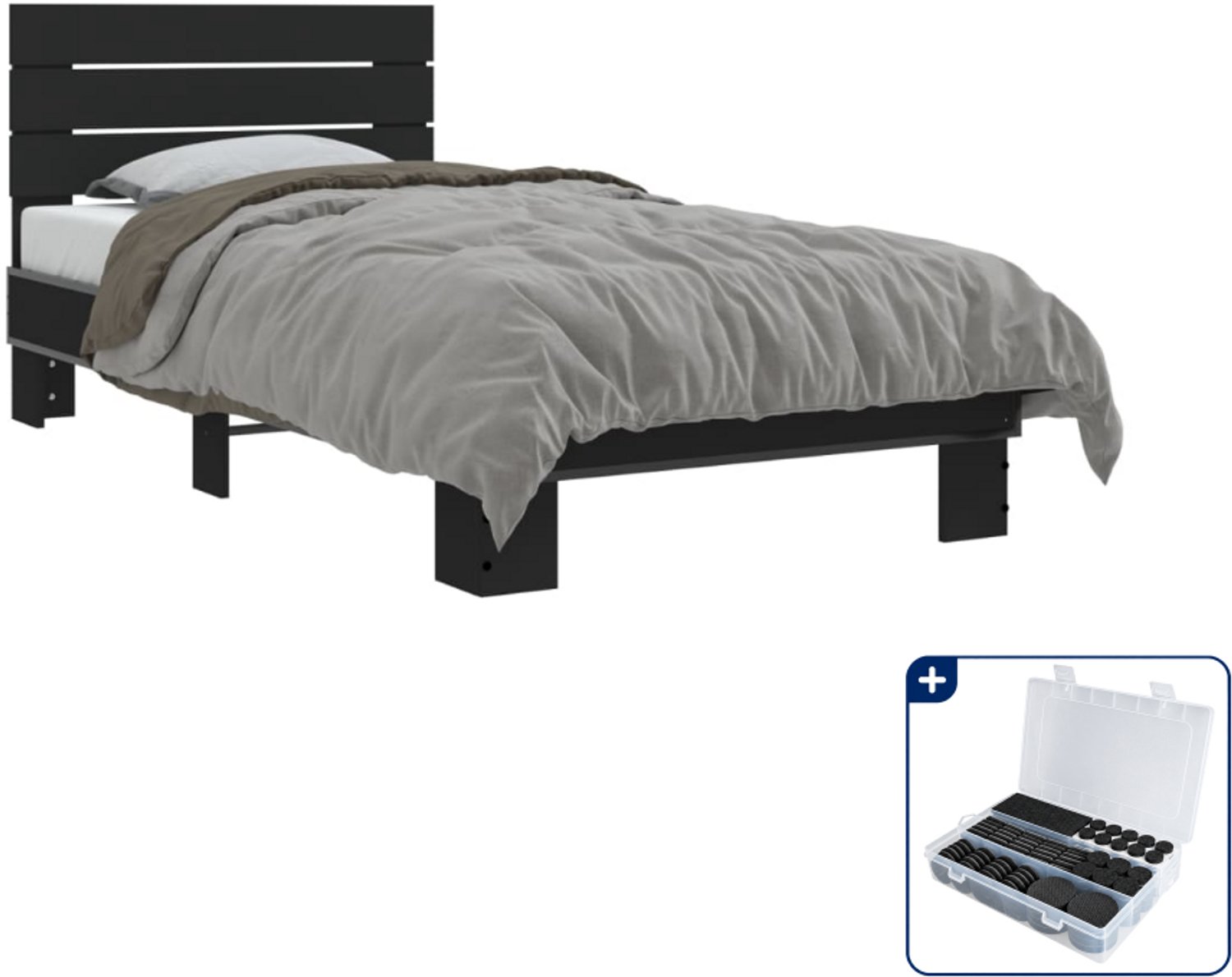 vidaXL bedframe - 75 x 190 cm - bewerkt hout en metaal - zwart - Inclusief antikrasvilt 177-delig