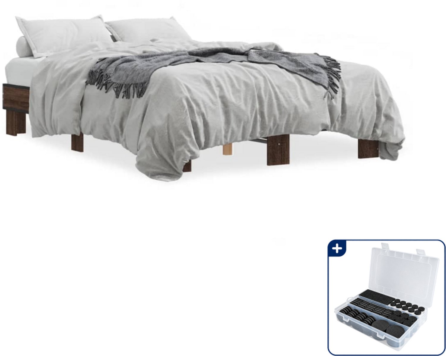 vidaXL bedframe - 140 x 190 cm - bewerkt hout en metaal - bruineiken - Inclusief antikrasvilt 177-delig