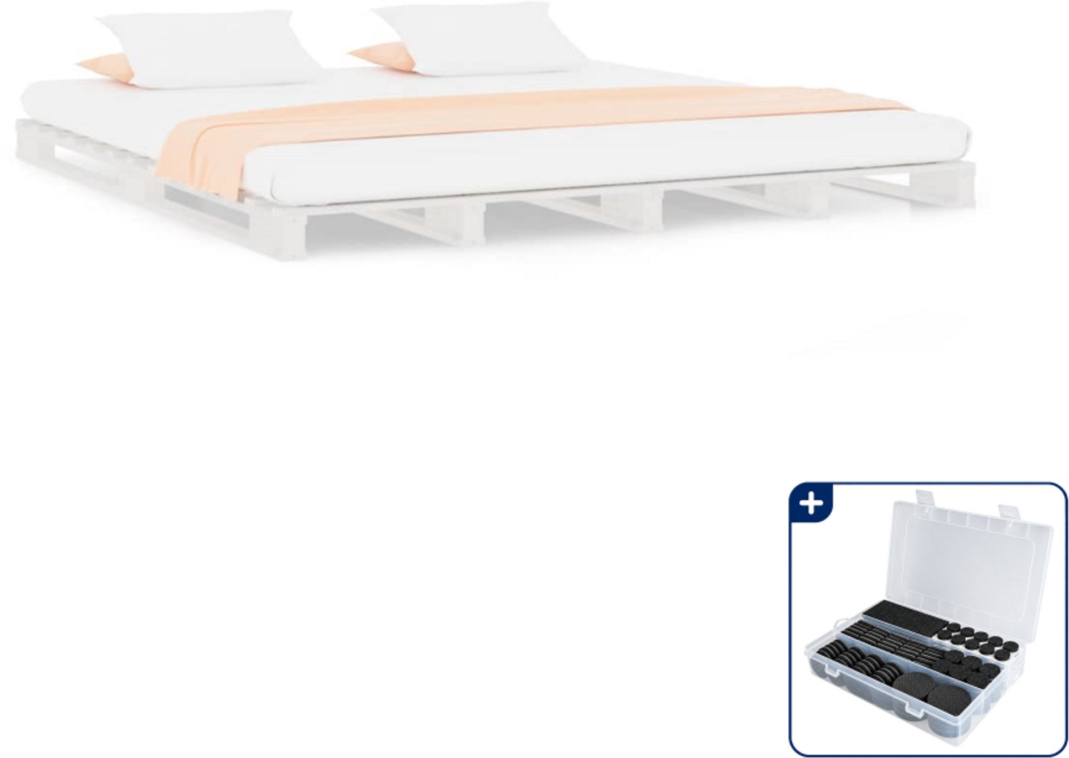 vidaXL Queensize bedframe - 160 x 200 cm - massief grenenhout - wit - Inclusief antikrasvilt 177-delig