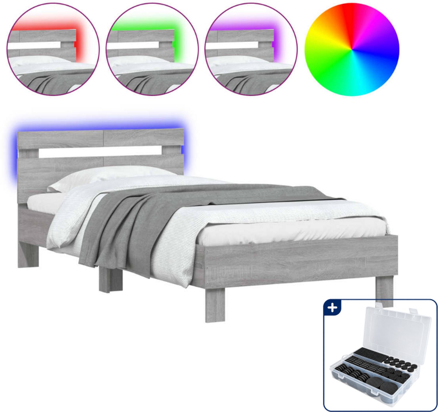 vidaXL bedframe met hoofdbord en LED - 100 x 200 cm - grijs sonoma eiken - Inclusief antikrasvilt 177-delig