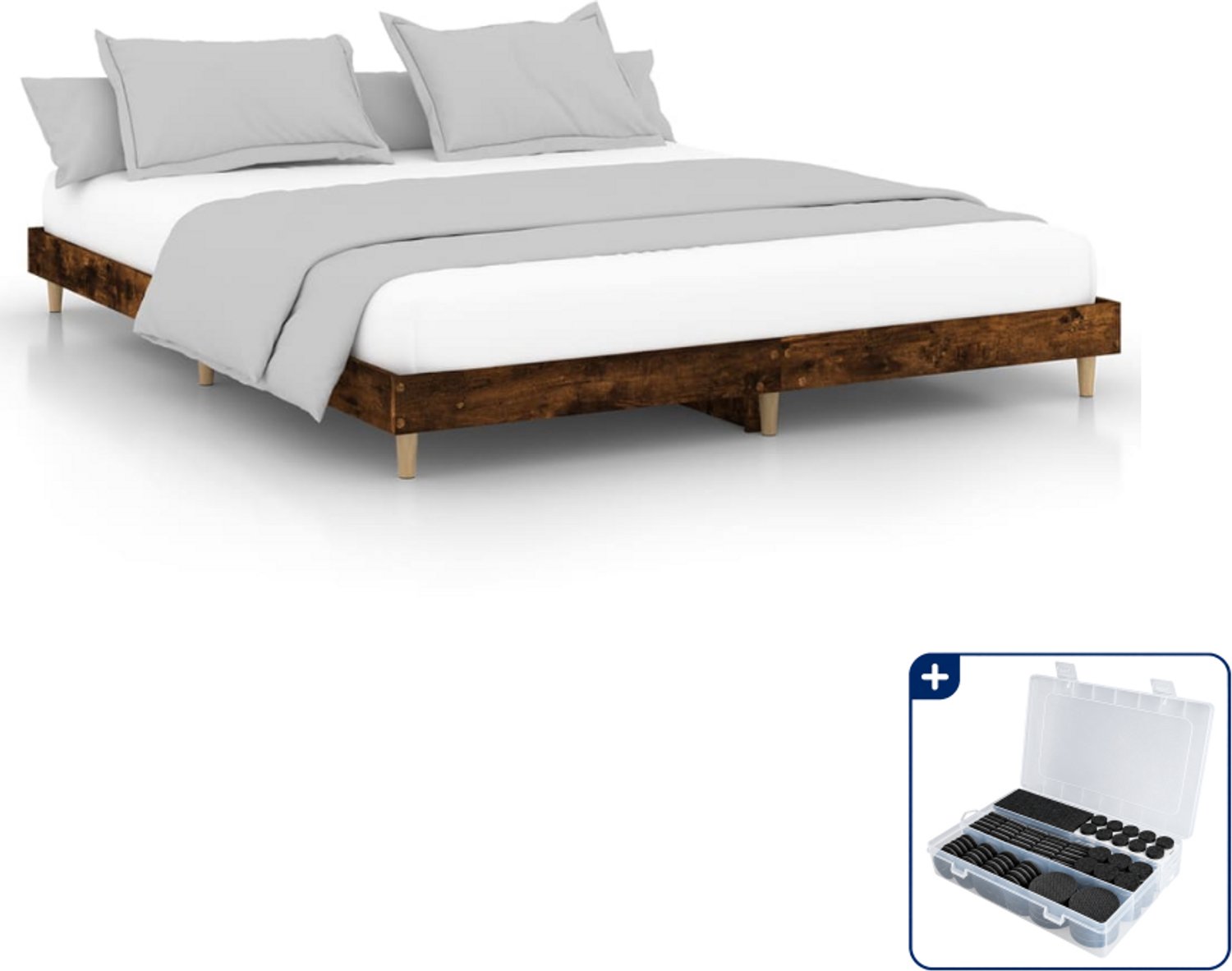 vidaXL bedframe - 150 x 200 cm - gerookt eiken - Inclusief antikrasvilt 177-delig Bruin