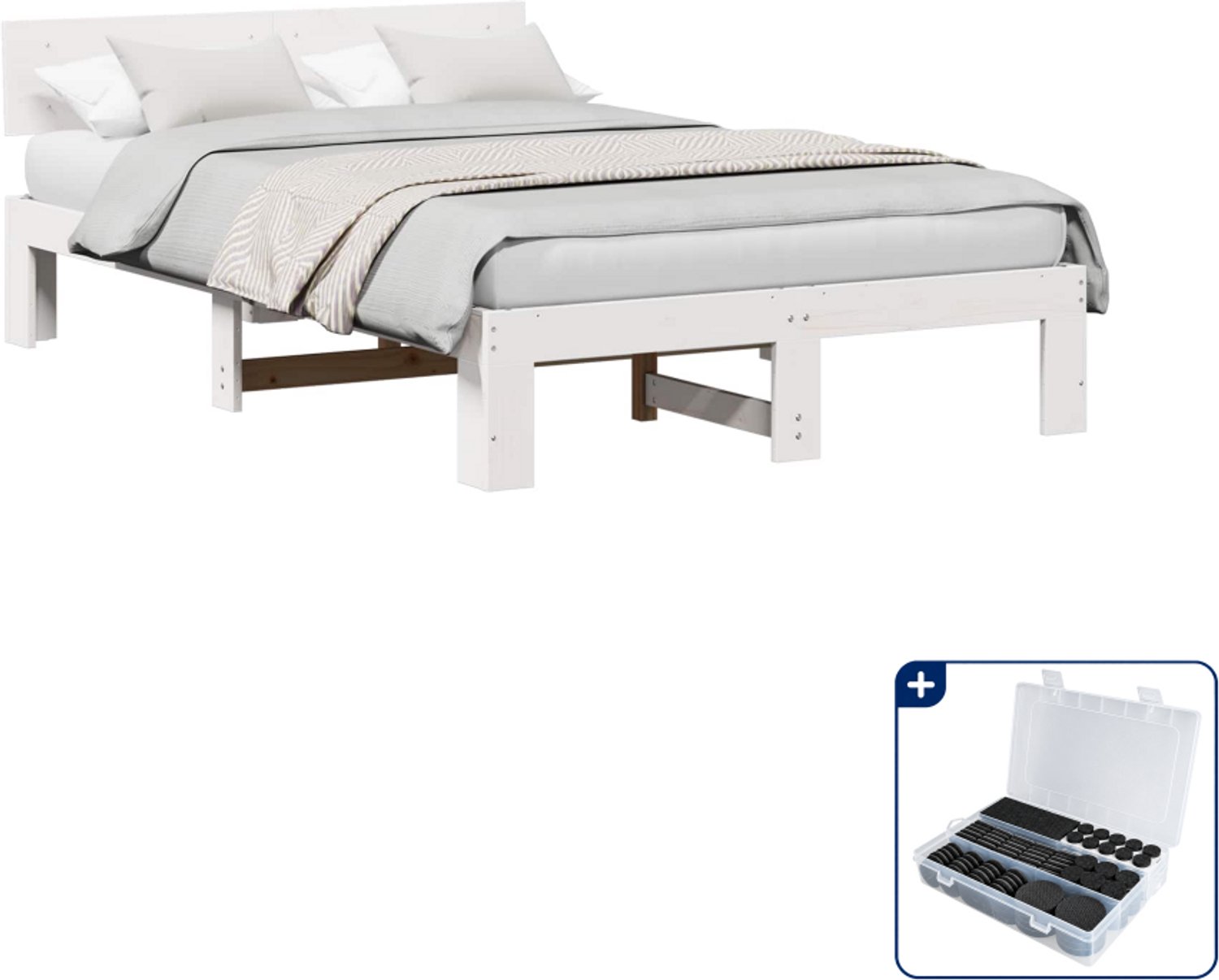 vidaXL bedframe met hoofdeinde - 140 x 190 cm - massief grenenhout - wit - Inclusief antikrasvilt 177-delig