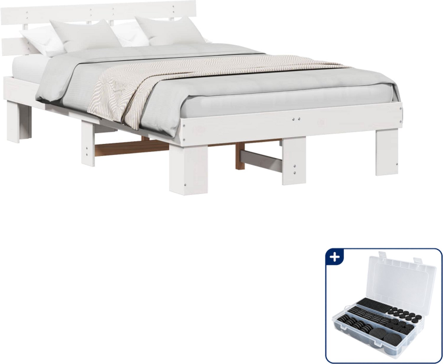 vidaXL Bedframe met hoofdeinde - 120 x 190 cm - massief grenenhout - wit - Inclusief antikrasvilt 177-delig