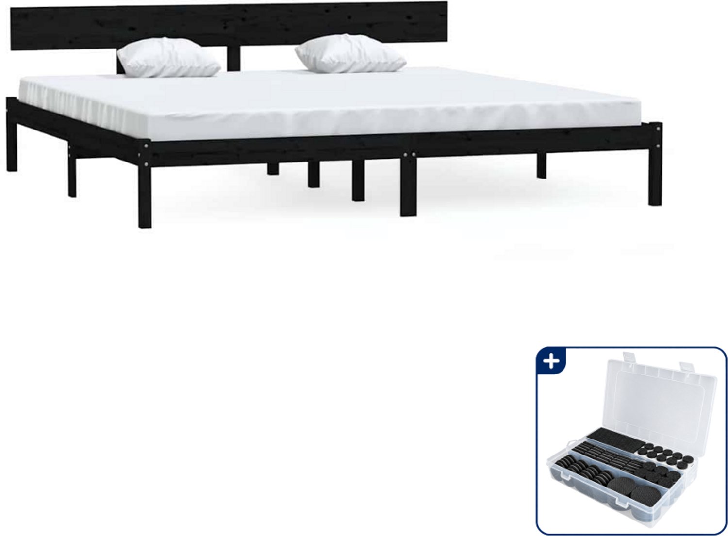 vidaXL Kingsize bedframe - 180 x 200 cm - massief grenenhout - zwart - Inclusief antikrasvilt 177-delig