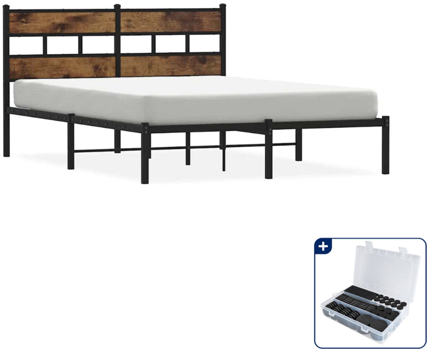 vidaXL bedframe - 140 x 190 cm - zwart en gerookt eikenhout - Inclusief antikrasvilt 177-delig Bruin