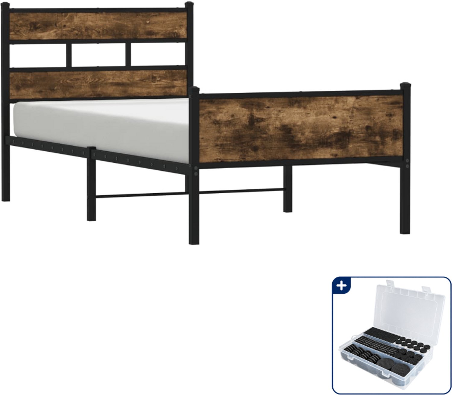 vidaXL bedframe - 75 x 190 cm - staal - gerookt eiken - Inclusief antikrasvilt 177-delig Bruin