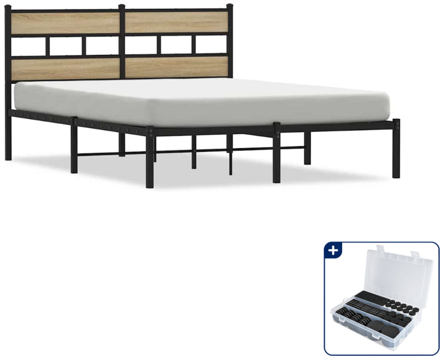 vidaXL Bedframe - 135 x 190 cm - metaal - zwart en sonoma eiken - Inclusief antikrasvilt 177-delig Bruin