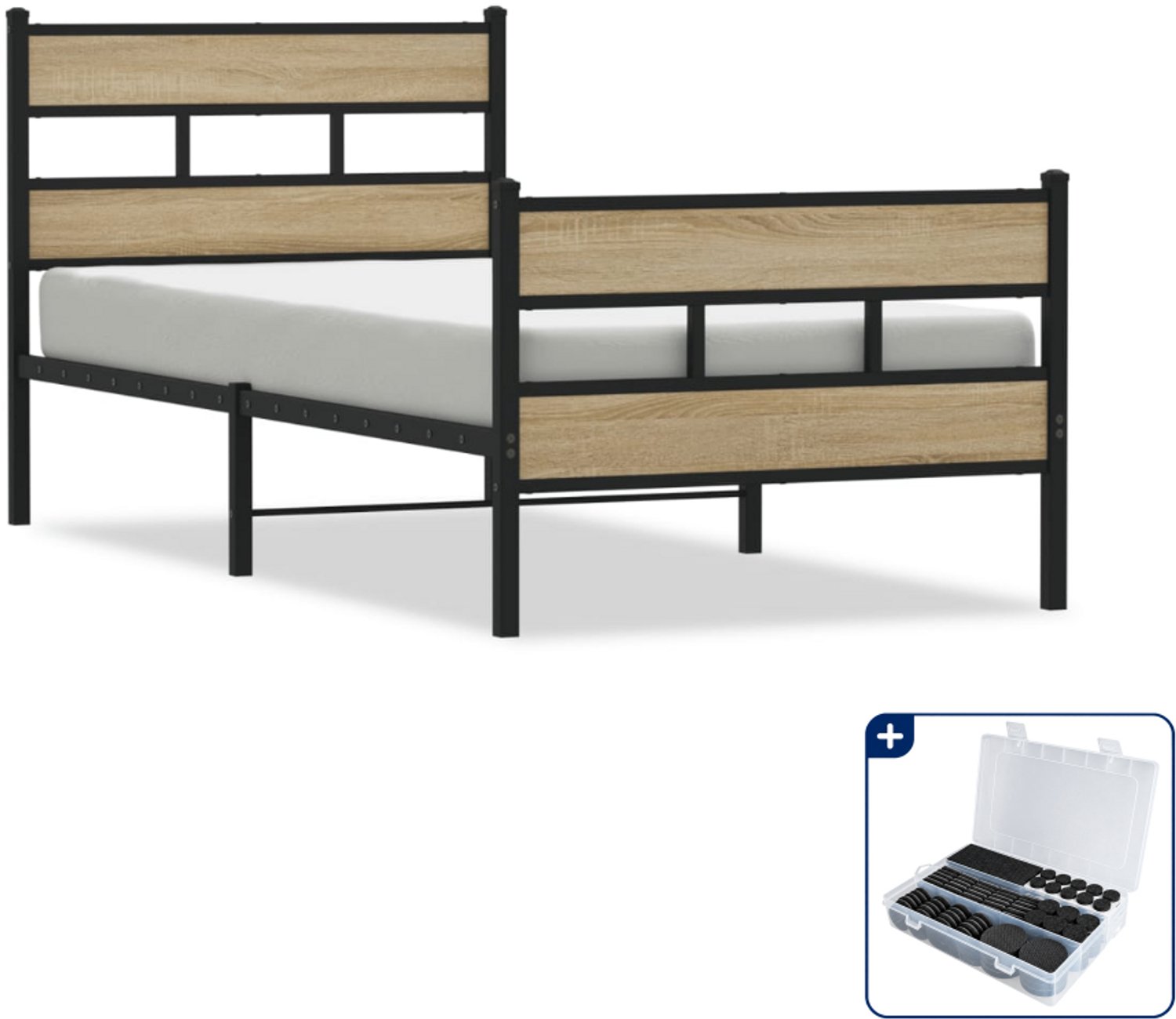 vidaXL Bedframe - 90 x 190 cm - metaal - zwart en sonoma eiken - Inclusief antikrasvilt 177-delig Bruin