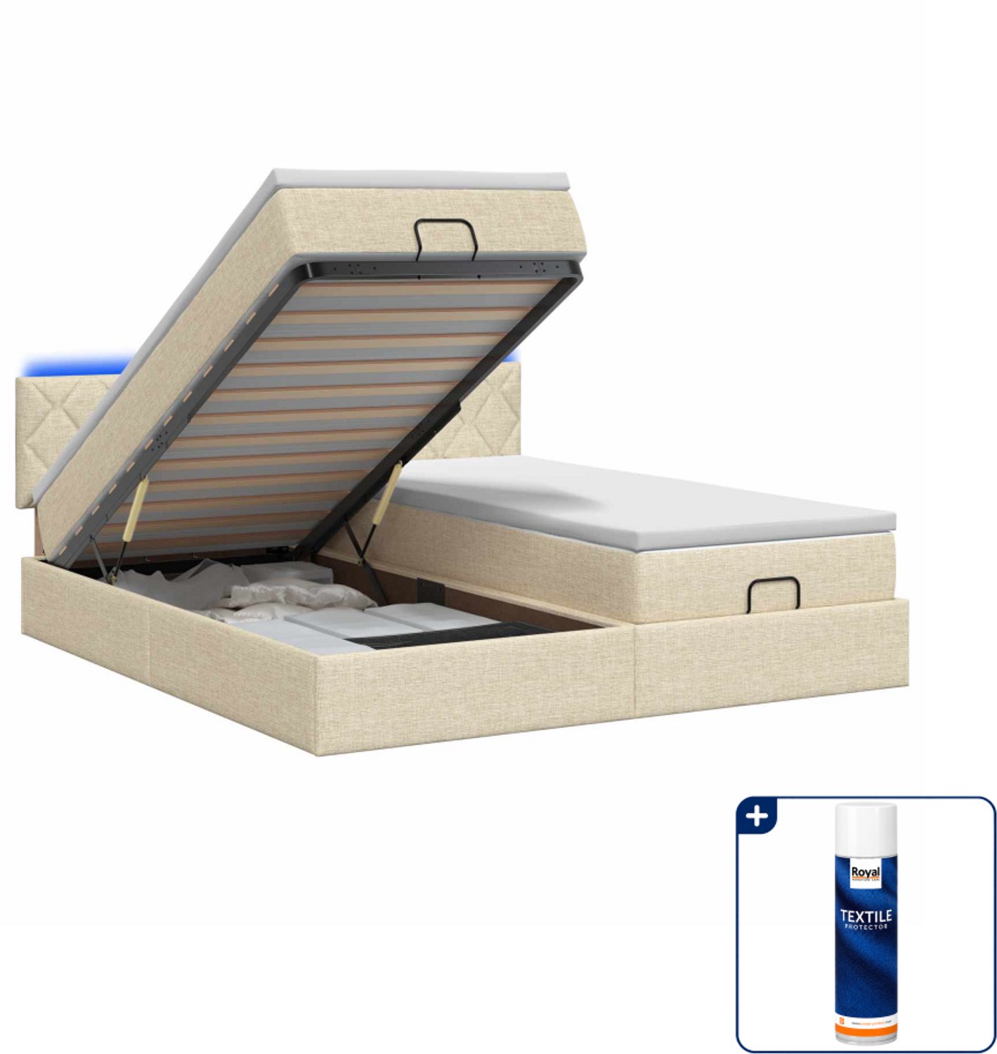 vidaXL Bed met matras en LED - Super kingsize - 200 x 200 cm - Crème - Inclusief textielbeschermer 500 ml