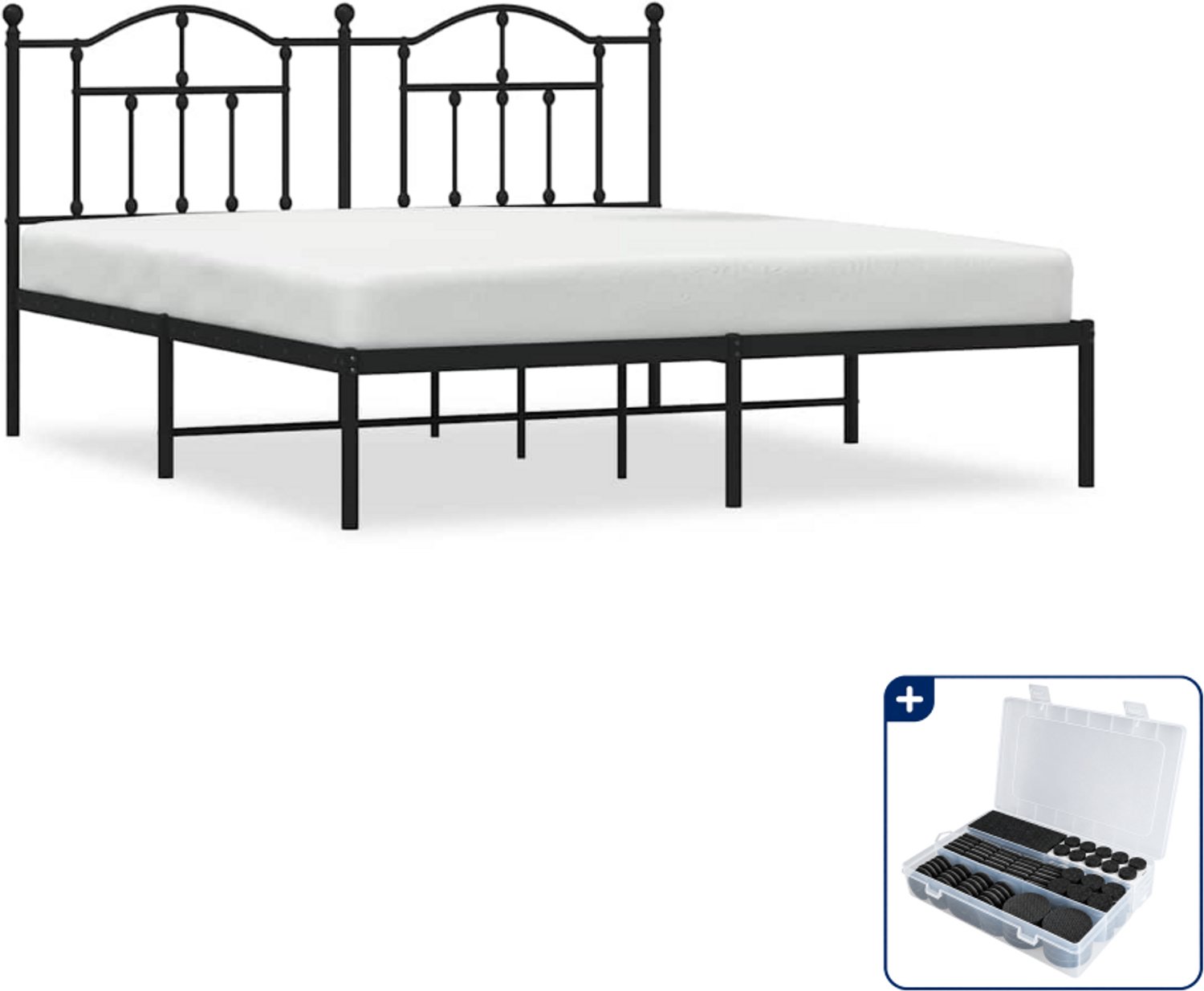 vidaXL bedframe met hoofdbord - 183 x 213 cm - metaal - zwart - Inclusief antikrasvilt 177-delig