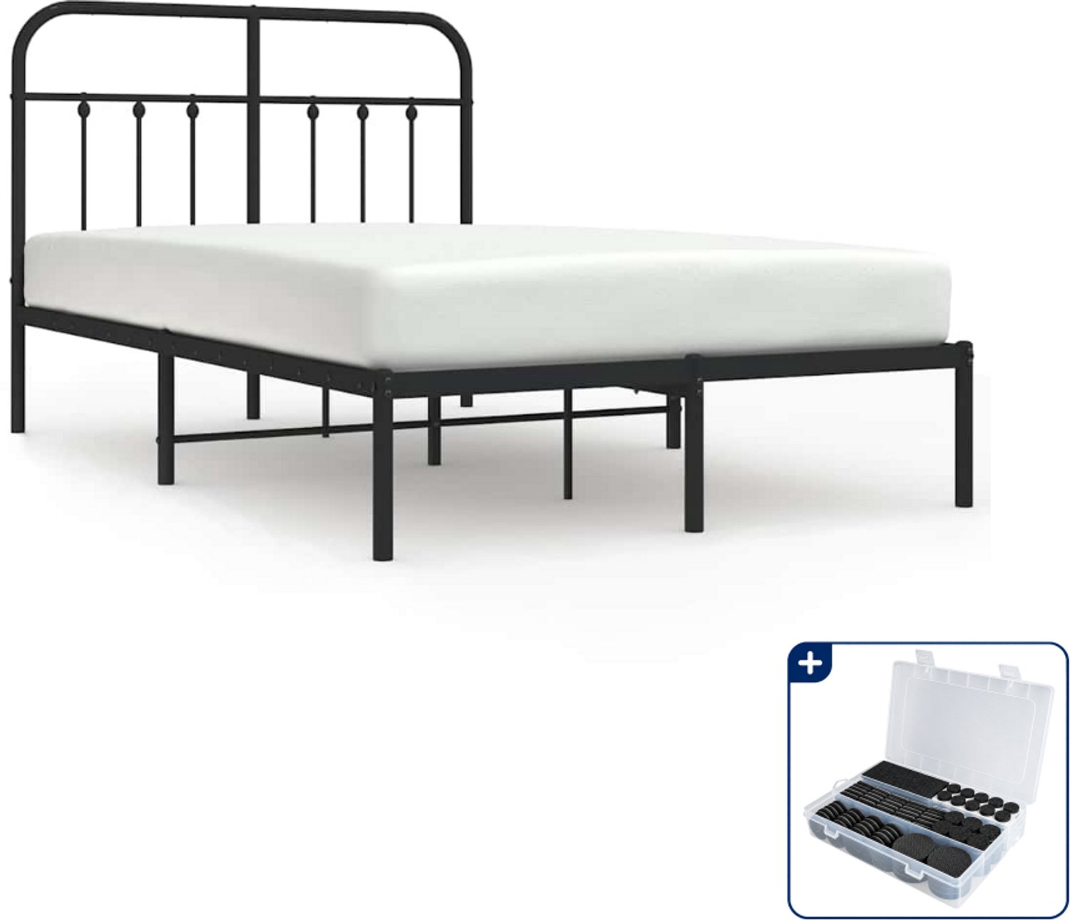 vidaXL bedframe met hoofdbord - 120 x 200 cm - staal - zwart - Inclusief antikrasvilt 177-delig