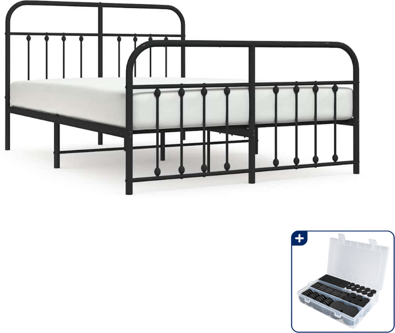 vidaXL bedframe - 135 x 190 cm - metaal - zwart - Inclusief antikrasvilt 177-delig