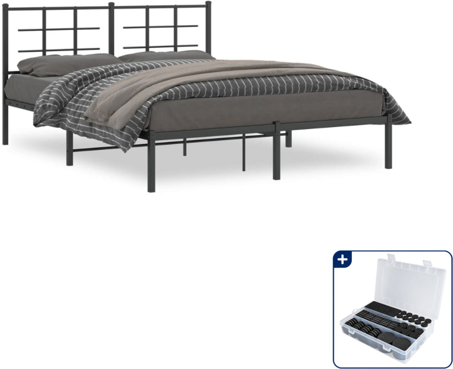 vidaXL bedframe met hoofdbord - 150 x 200 cm - staal - zwart - Inclusief antikrasvilt 177-delig